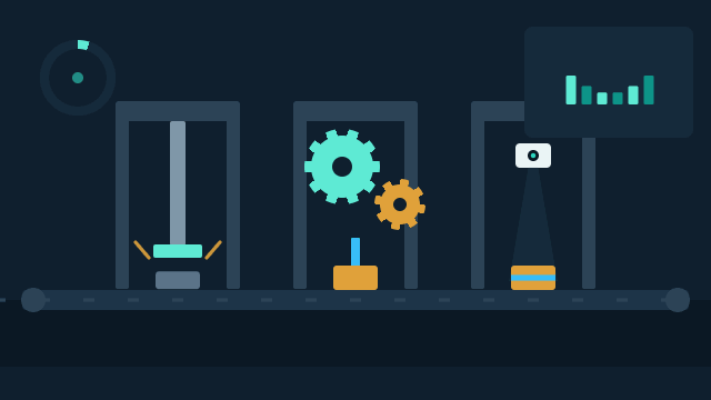 Animated production line: a press, gears and an inspection camera work on items moving along a conveyor.