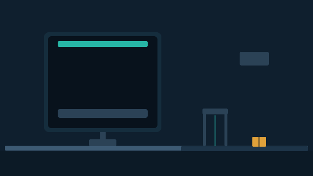 Animated checkout: items cross a scanner and appear on the terminal, a card is tapped and a receipt prints.